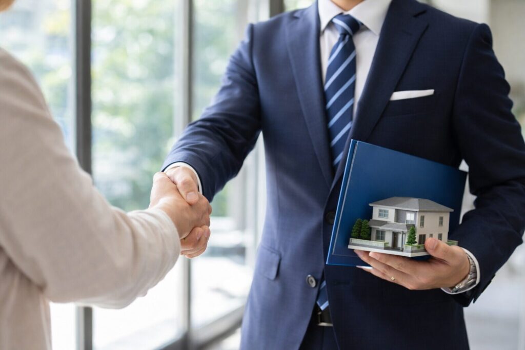 不動産営業マンと握手をする顧客